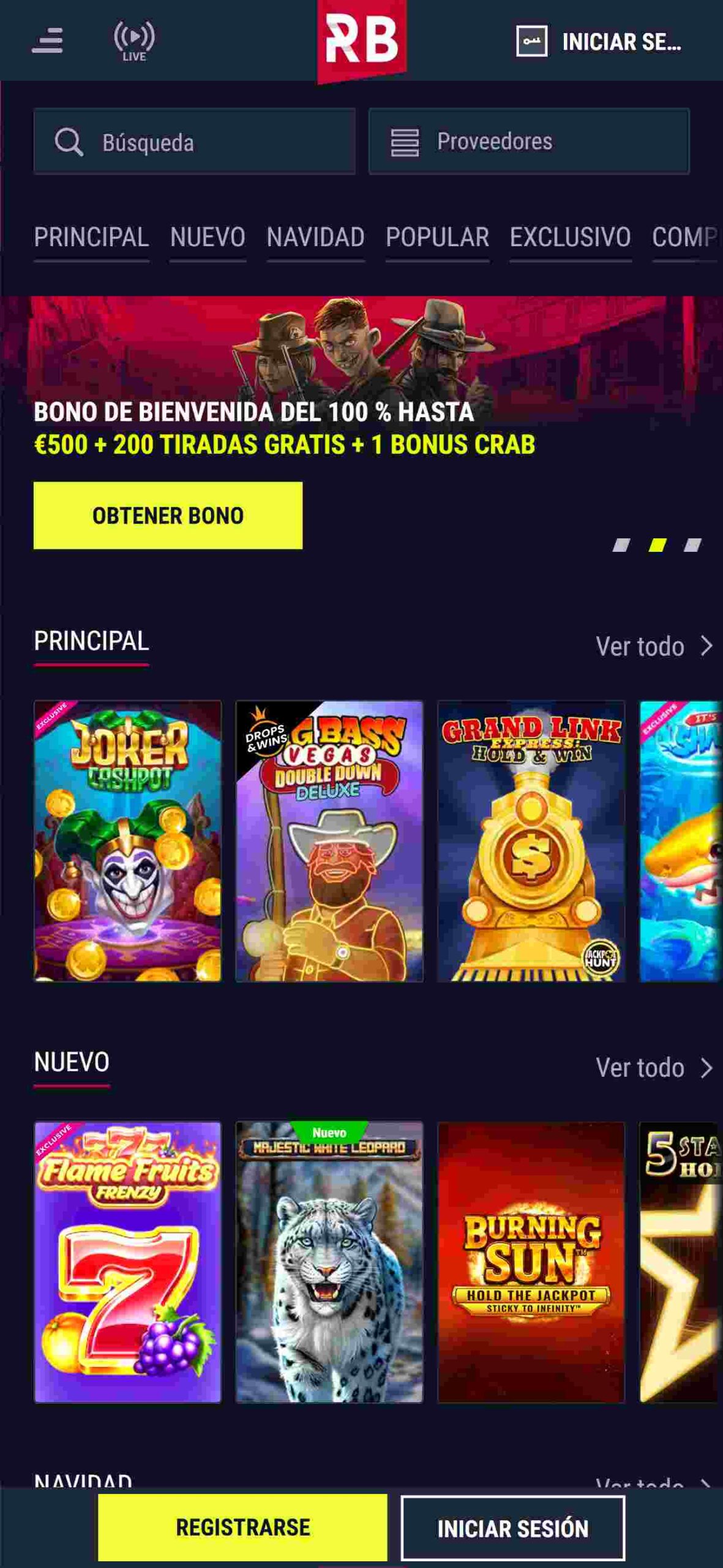 Interfaz del casino de Rabona