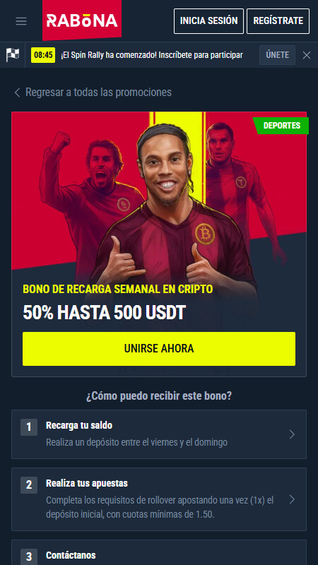 Bono de recarga semanal en cripto en Rabona