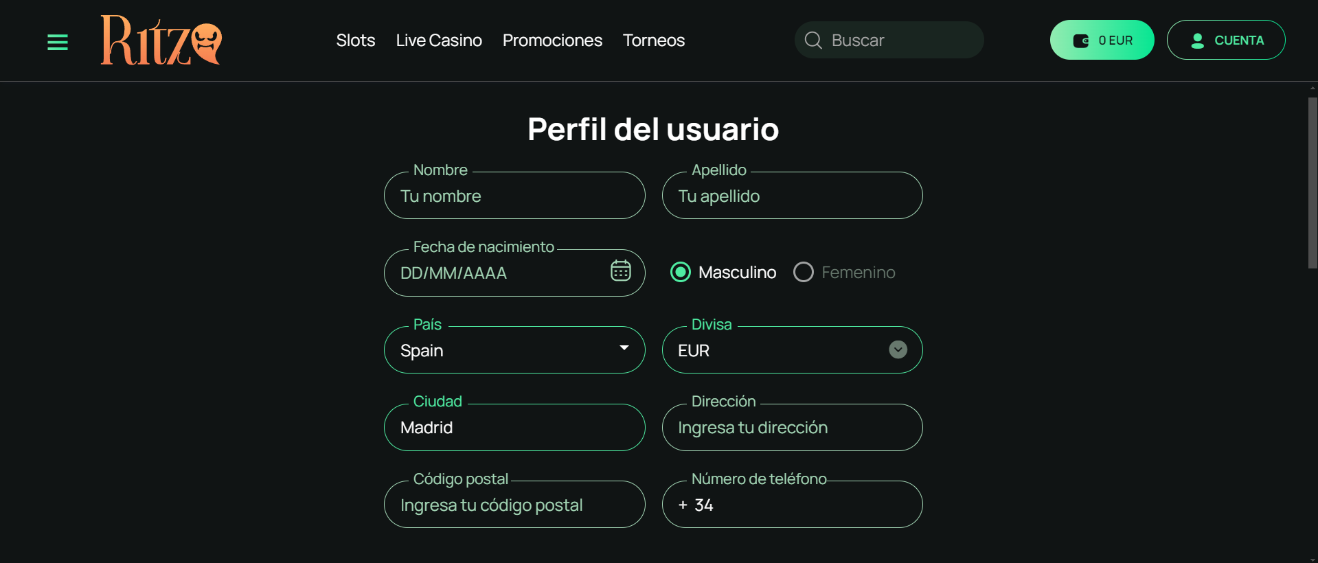 Registro en Ritzo Casino