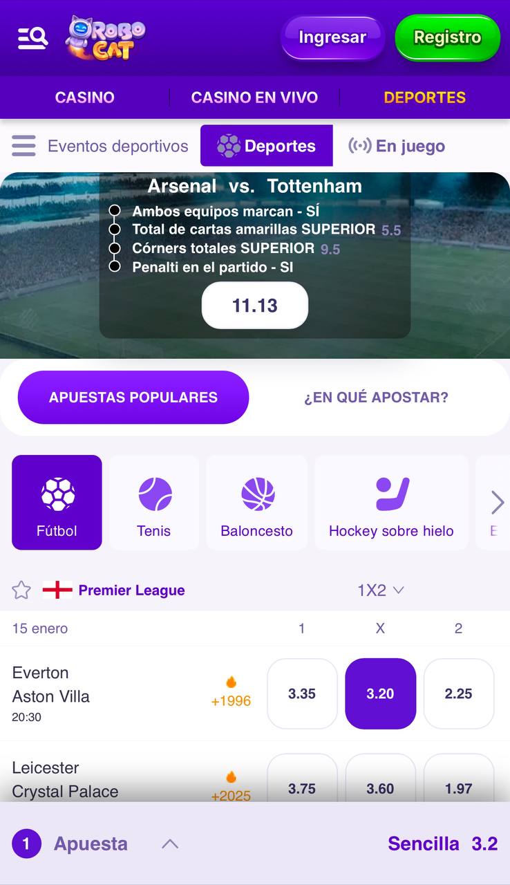 Interfaz de apuestas deportivas de Robocat