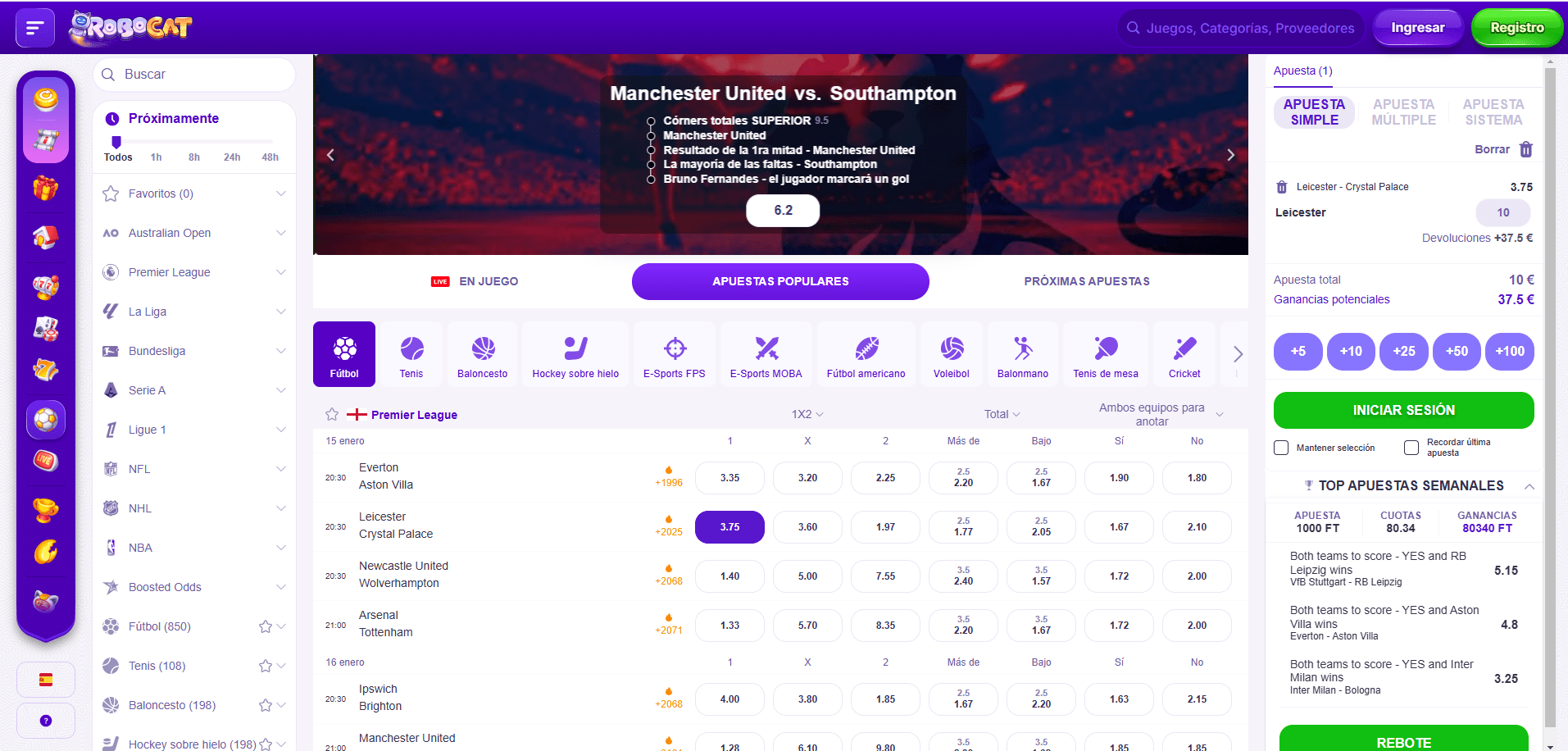 Interfaz de apuestas deportivas de Robocat
