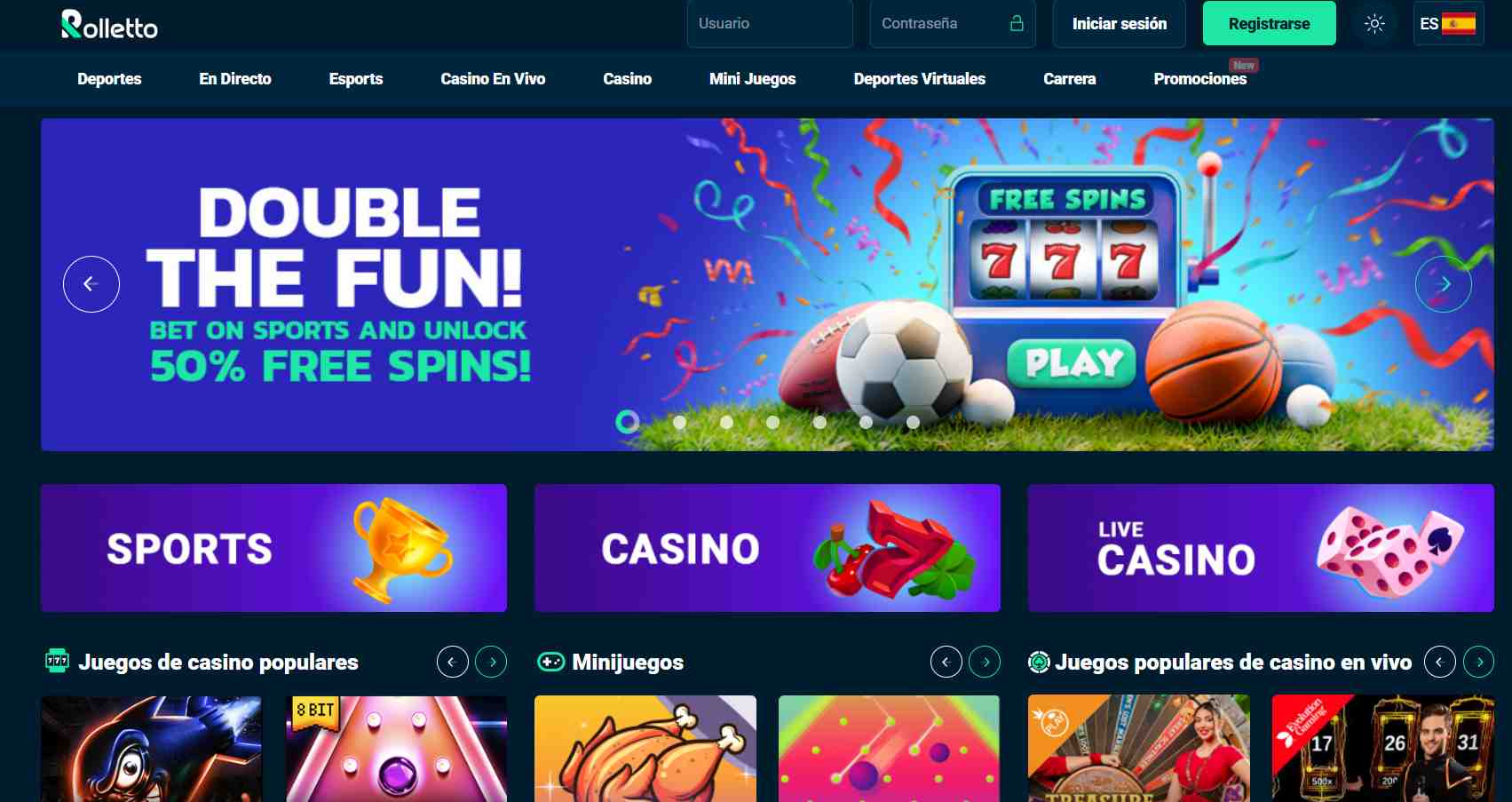 Interfaz del casino de Rolletto