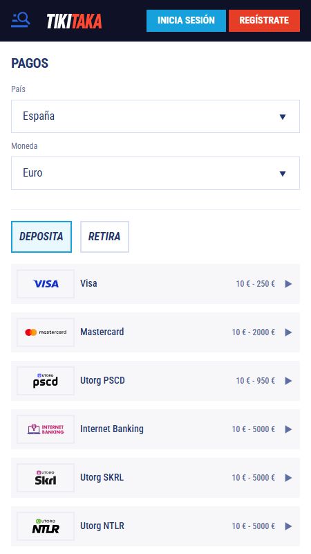 Sección de métodos de pago en Tikitaka