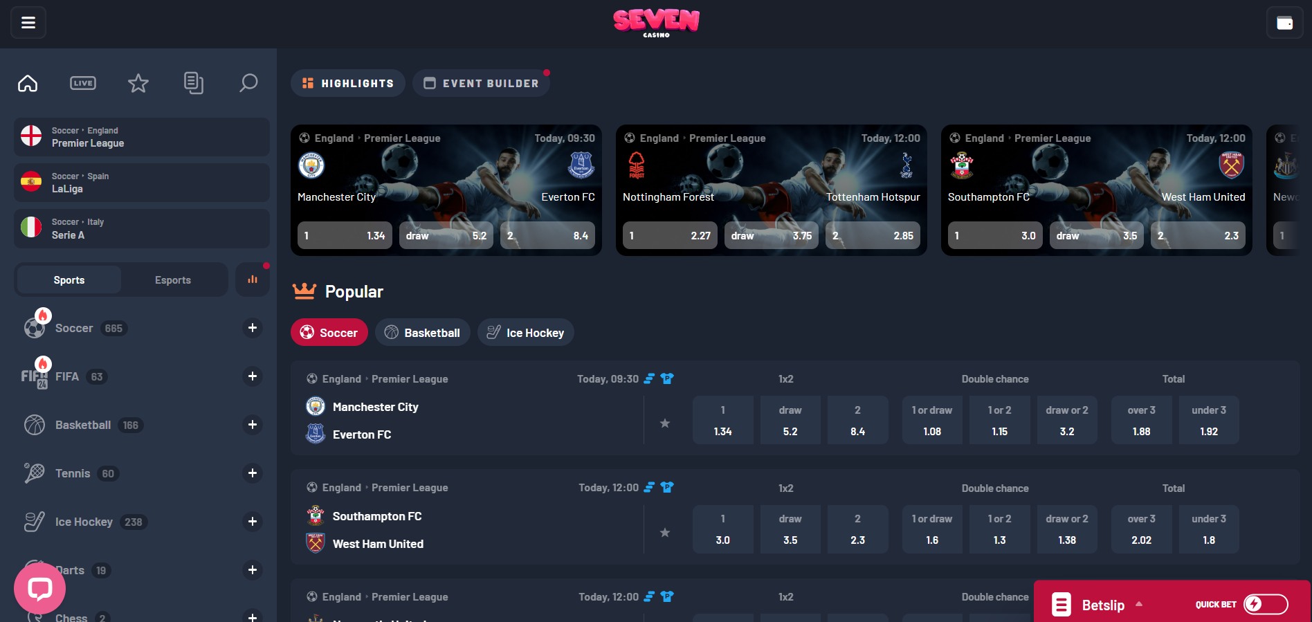Interfaz de apuestas deportivas de Seven