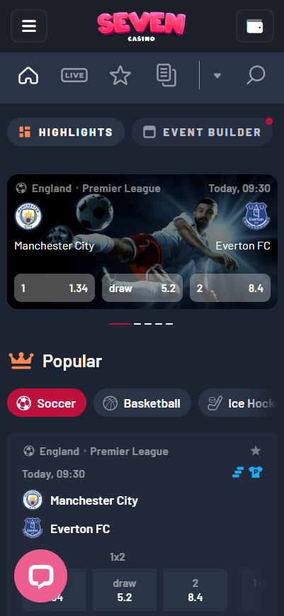 Interfaz de apuestas deportivas de Seven