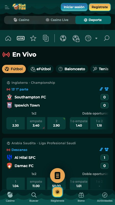 Interfaz de apuestas en vivo de Slotrize