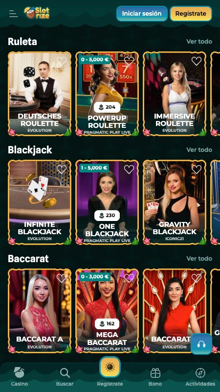 Interfaz del casino en vivo de Slotrize