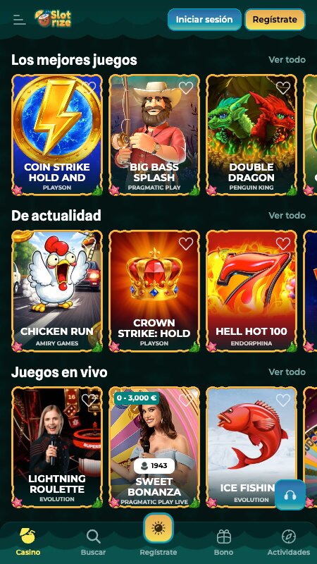 Interfaz del casino de Slotrize