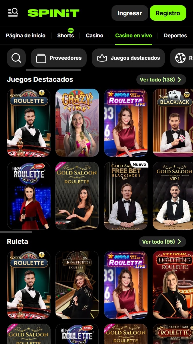 Juegos de casino en vivo en Spinit