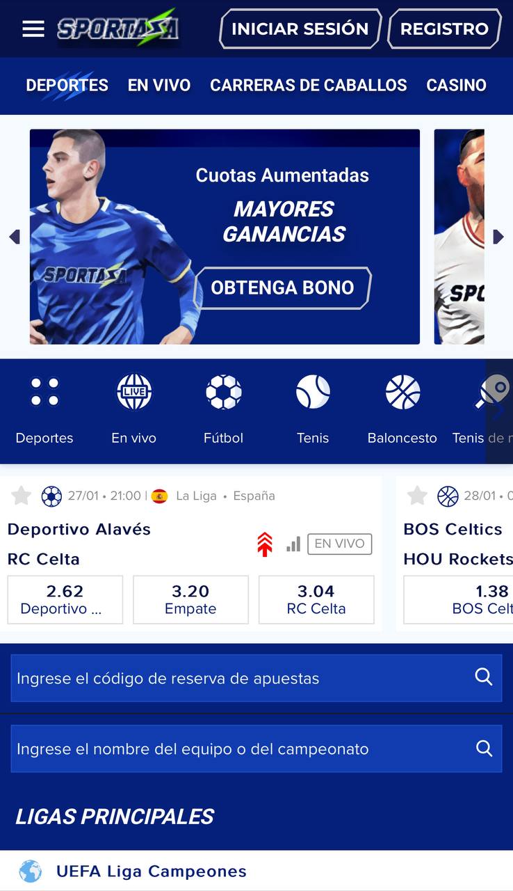 Sección de apuestas deportivas en línea en sportaza
