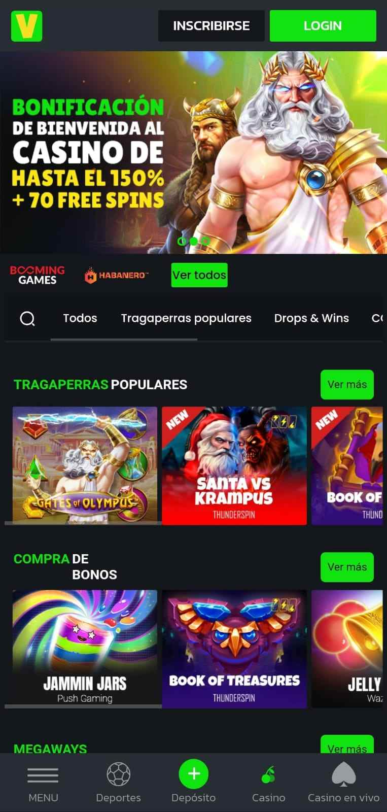 Interfaz del casino de Velobet