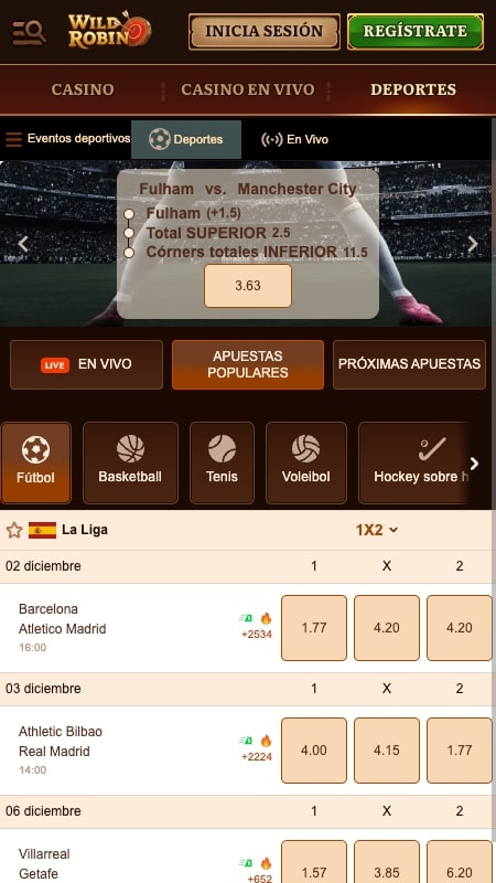Interfaz de apuestas deportivas de WildRobin