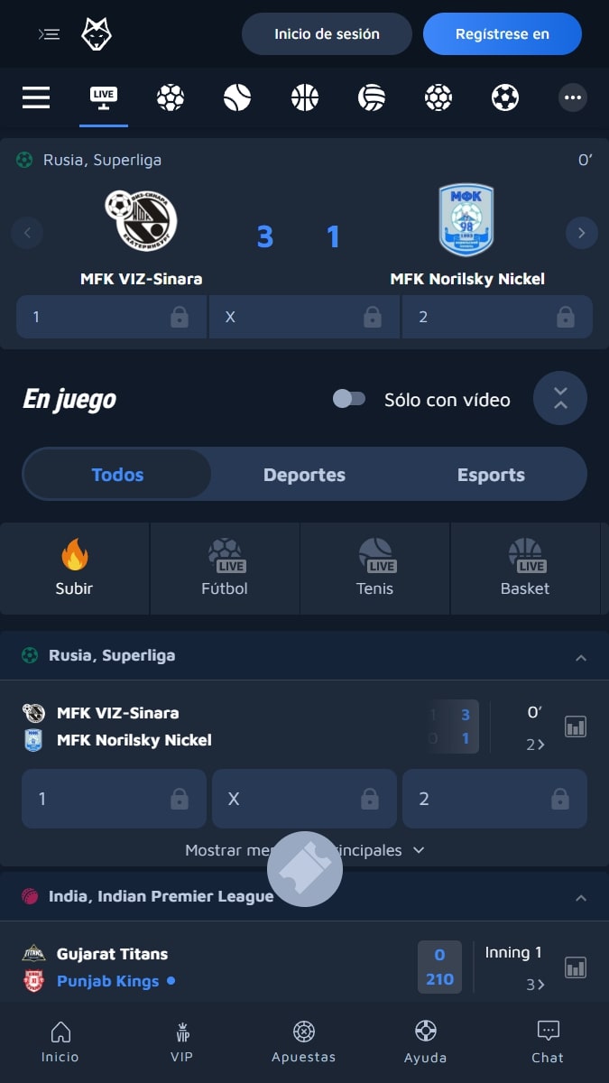 Partidos con streaming Apuestas en vivo Wolfbet