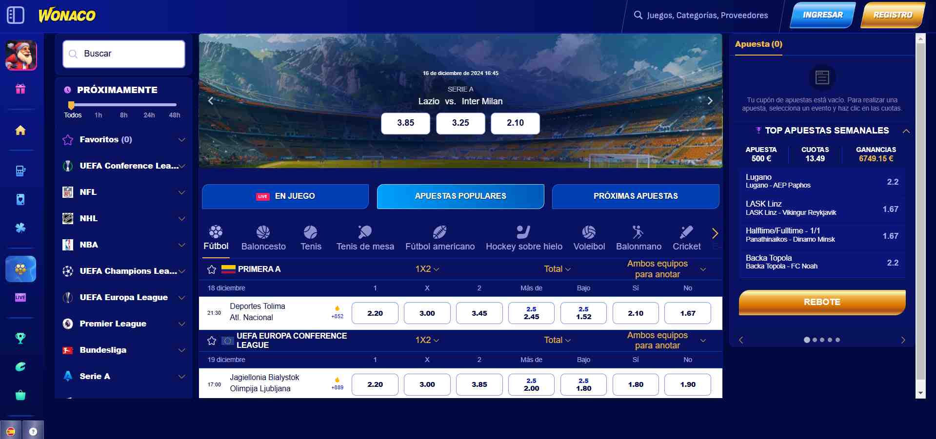 Interfaz de apuestas deportivas de Wonaco