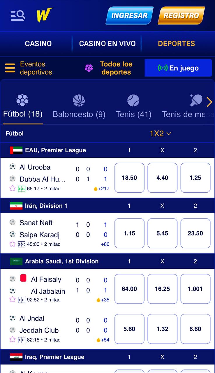 Interfaz de apuestas en vivo de Wonaco