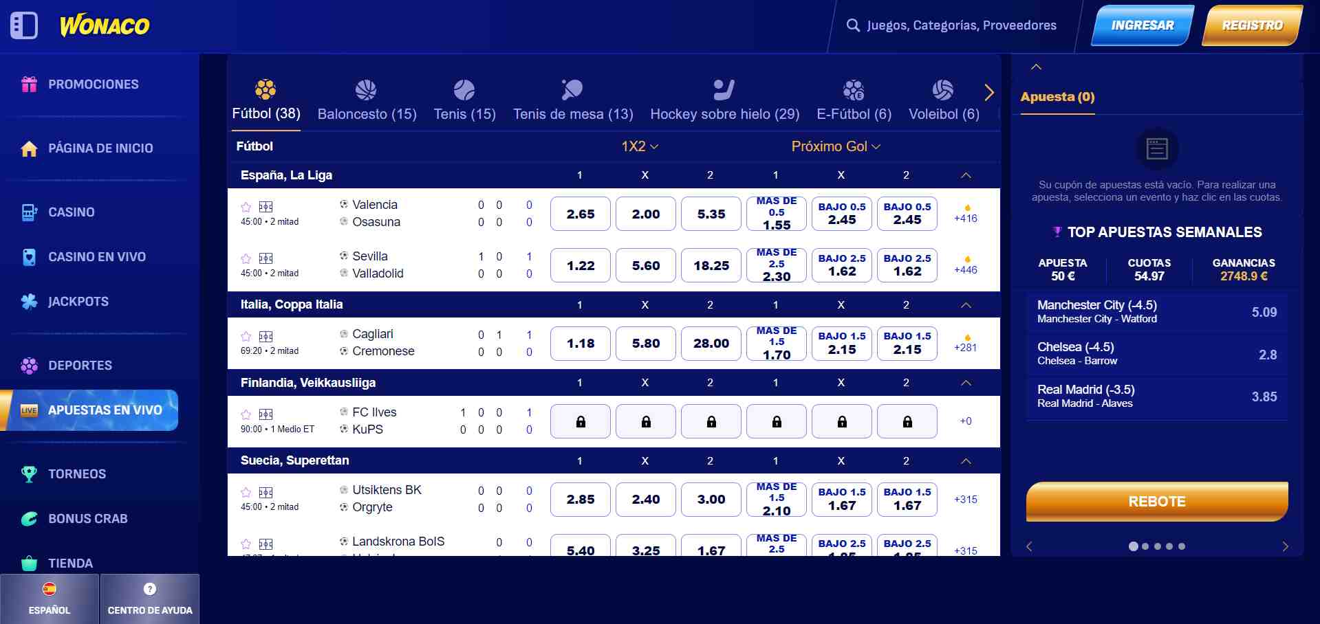 Interfaz de apuestas en vivo de Wonaco