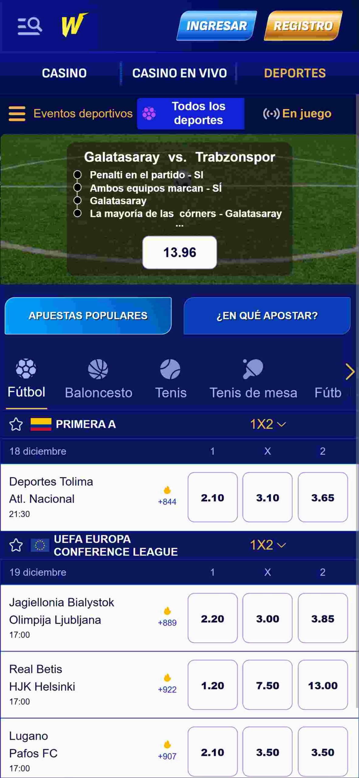 Interfaz de apuestas deportivas de Wonaco