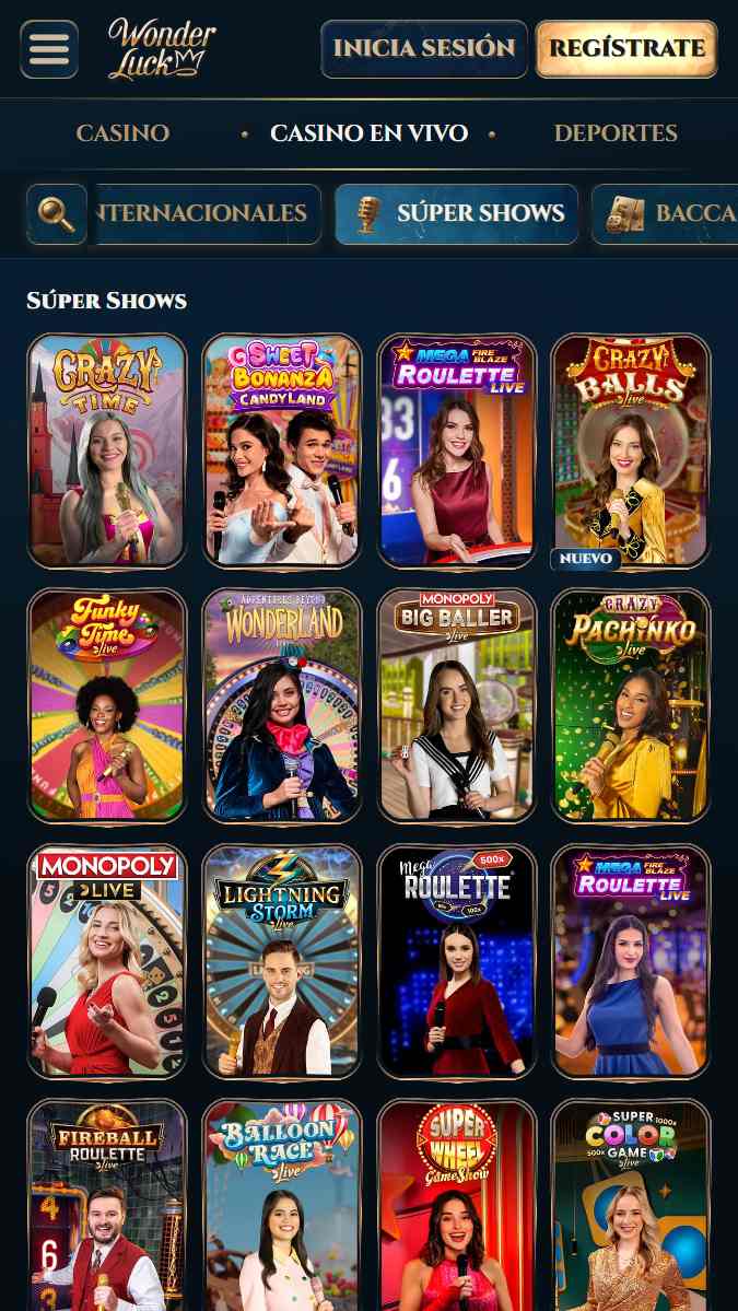 Juegos instantáneos y shows en directo en WonderLuck