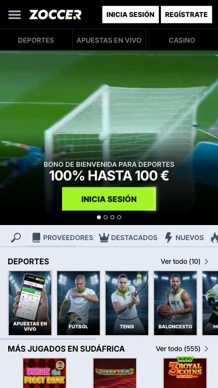 Página principal de la casa de apuestas Zoccer