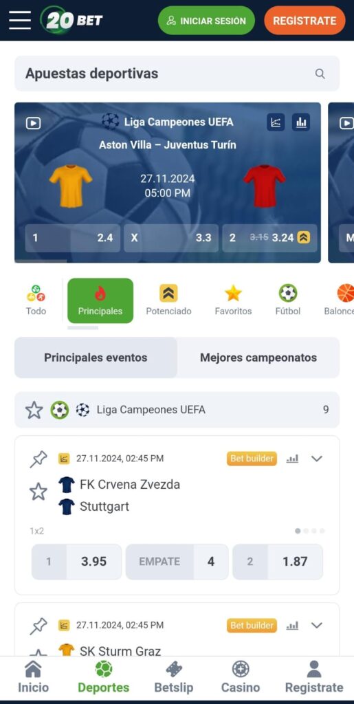 Sección de apuestas deportivas en línea en 20bet