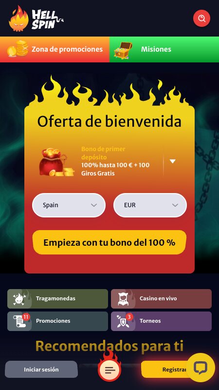 Página principal del casino HellSpin