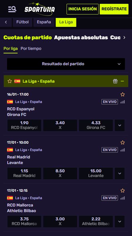 Interfaz de Apuestas Sportuna España 2026: La Liga 