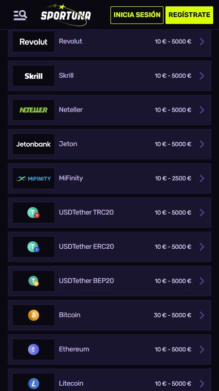 Depósito Mínimo Sportuna: Bitcoin (30€) vs USDT (10€)