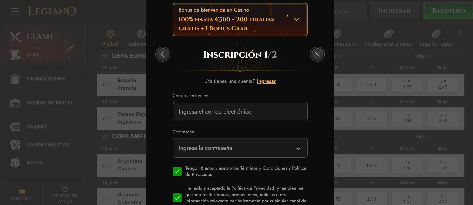 Schermata del modulo di registrazione di Legiano casino online