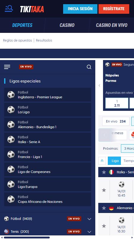 Sección de apuestas deportivas en línea en Tikitaka