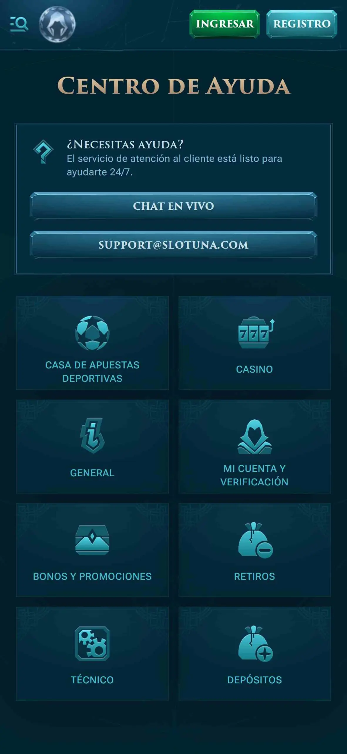 Interfaz de Slotuna Casino Online