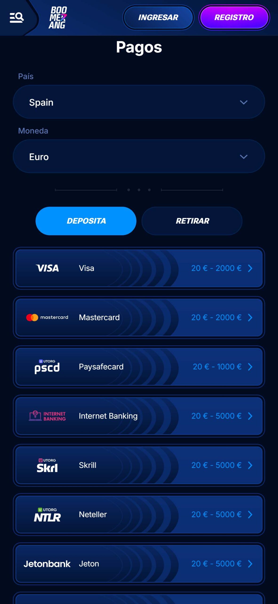 Boomerang-bet Bookmaker Payments Spain (mobile), apuestaes.net