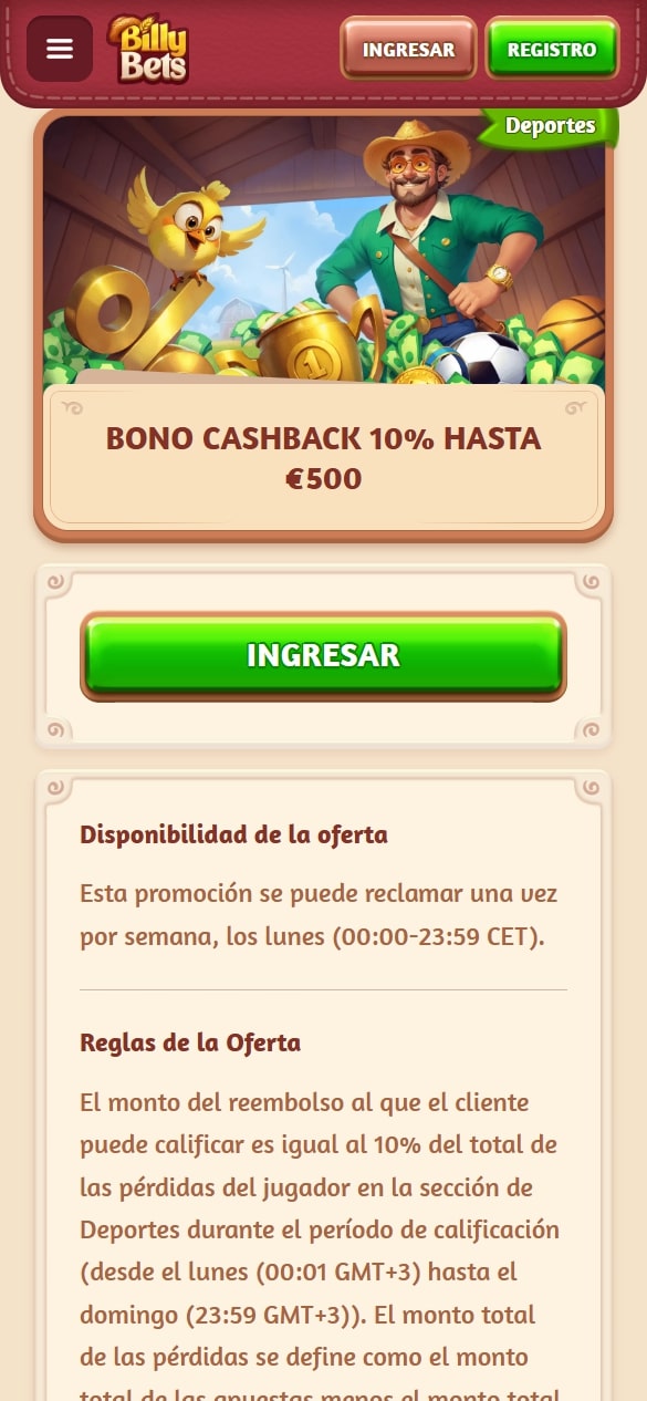 Billybets bono de cashback