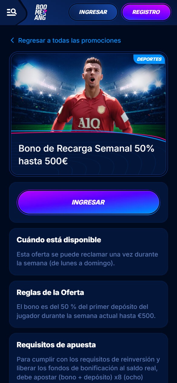 Bono de recarga semanal de Boomerang Bet