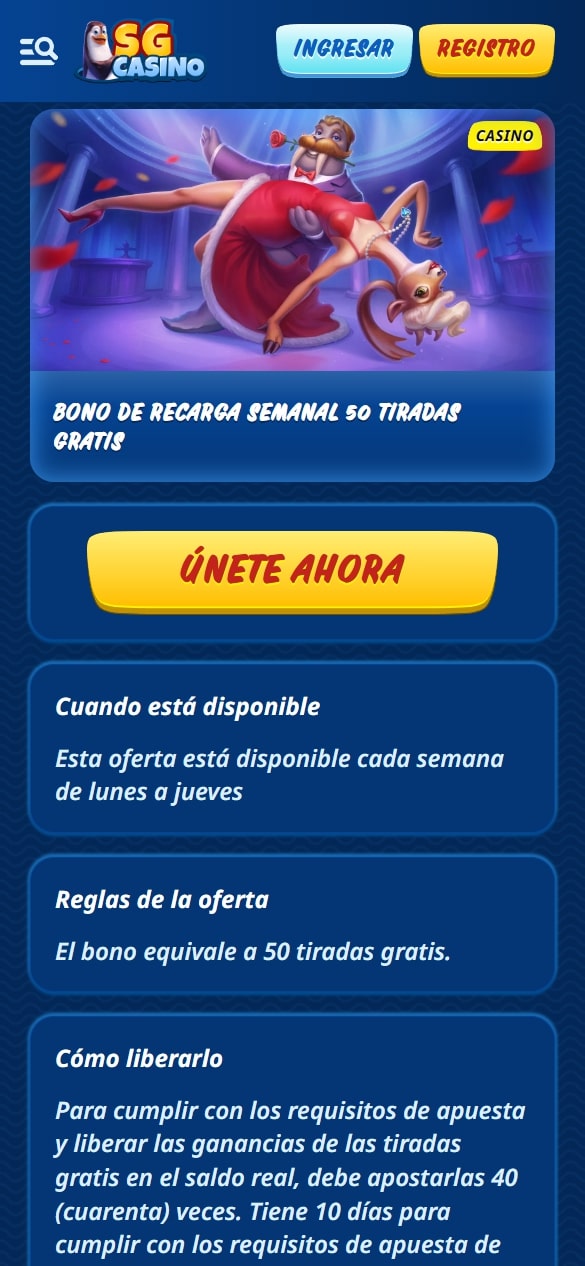 SG Casino bono de recarga semanal