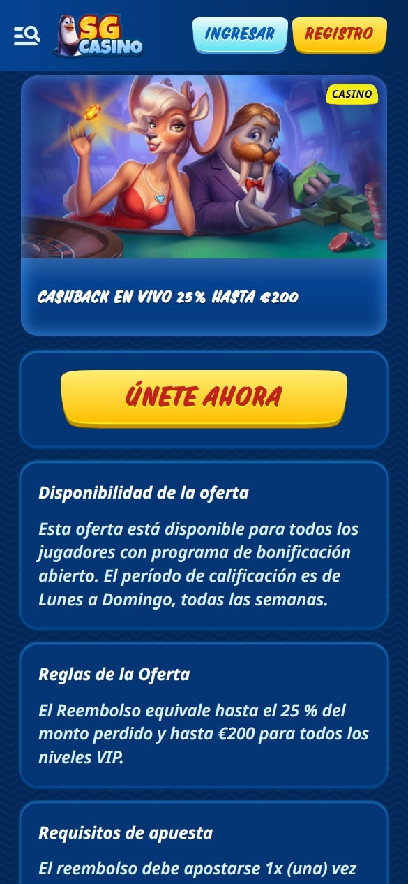 SG Casino cashback en vivo
