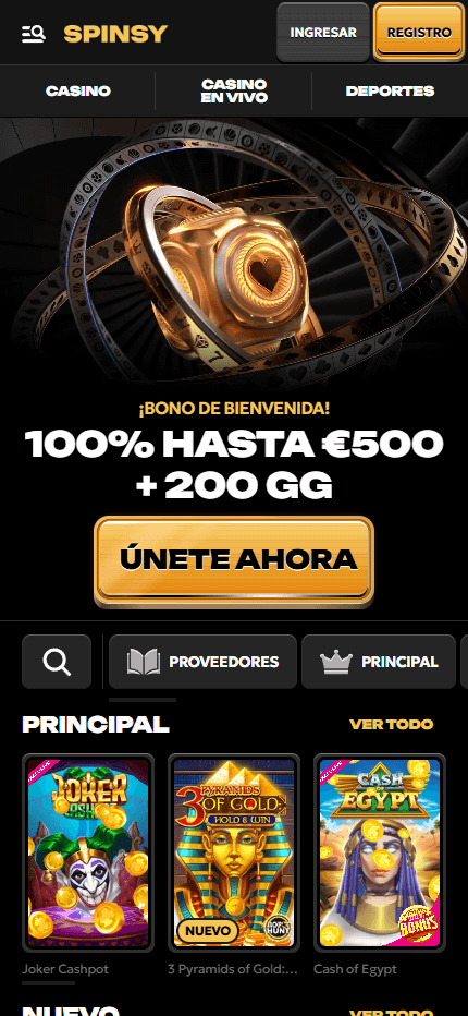 Schermata mobile di Spinsy Casino che mostra le offerte bonus