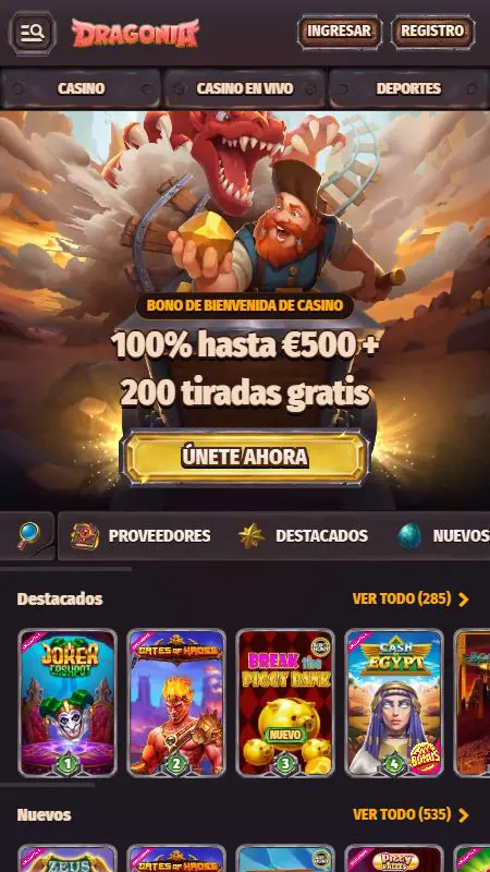 Skärmdump av Dragonia Casino hemsida med spelmeny