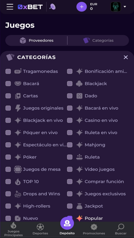 0xBet Casino Categorieën