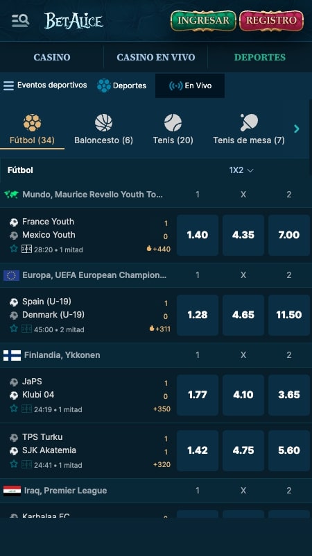 Interfaz de apuestas en vivo de BetAlice