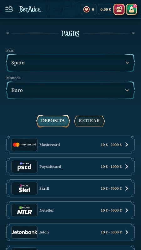 Métodos de pago en BetAlice