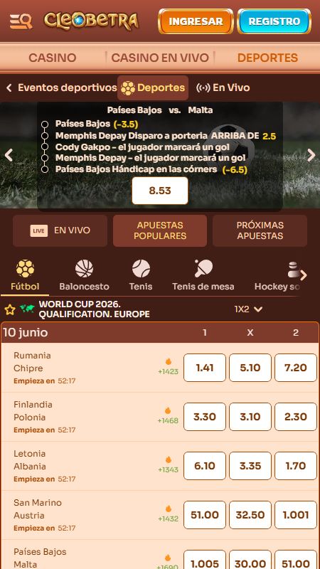 Sección de apuestas deportivas en línea en Cleobetra