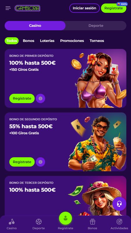 Página de promociones en Gambloria