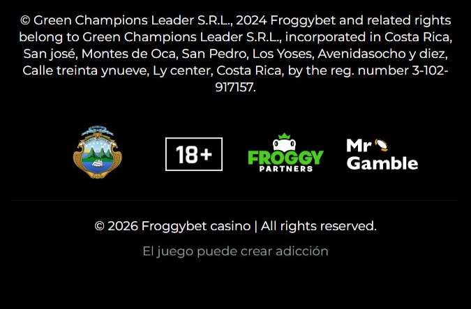 Pie de página oficial de Froggybet mostrando licencia de Green Champions Leader S.R.L. y seguridad SSL