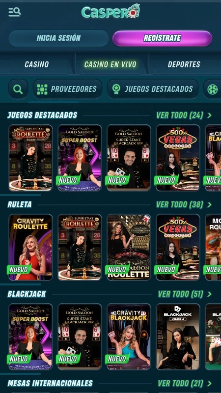 Interfaz del casino en vivo de Caspero
