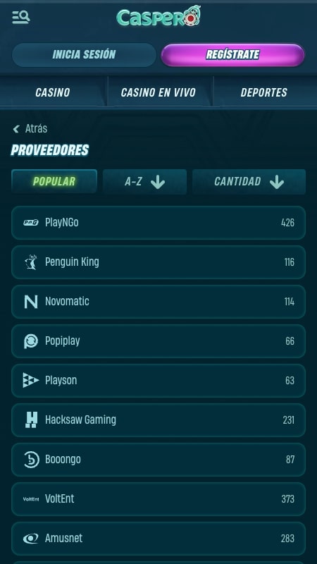 Proveedores de software de Caspero Casino