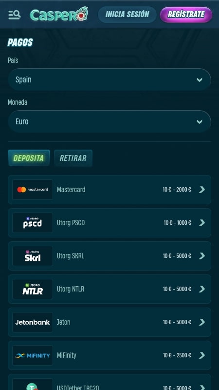 Métodos de pago de Caspero