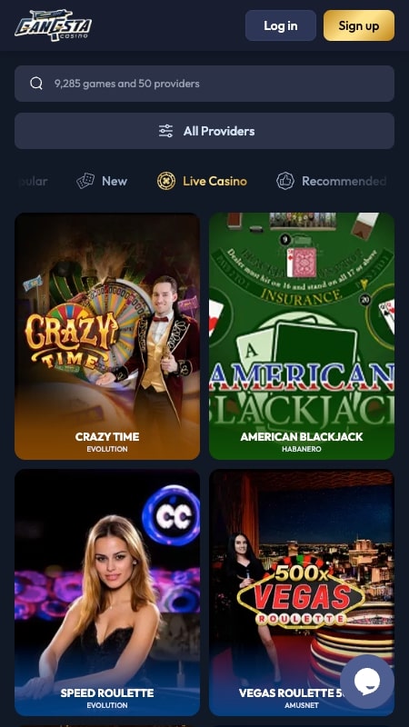 Interfaz del casino en vivo de Gangsta