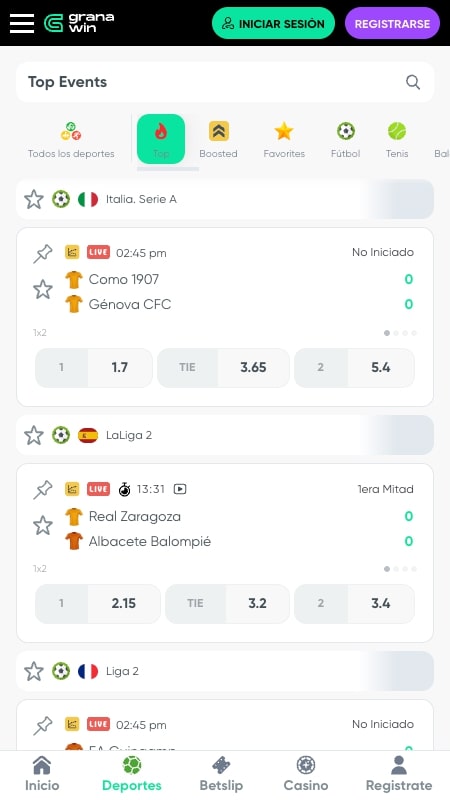 Interfaz de apuestas en vivo de GranaWin