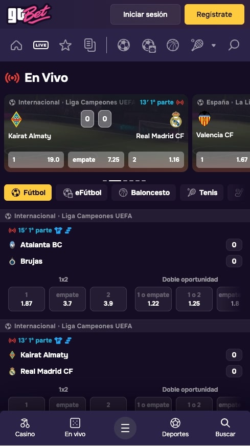 Interfaz de apuestas en vivo de GtBet