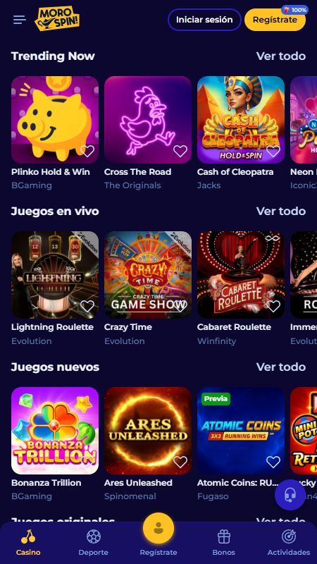 Sección de casino en línea en Morospin